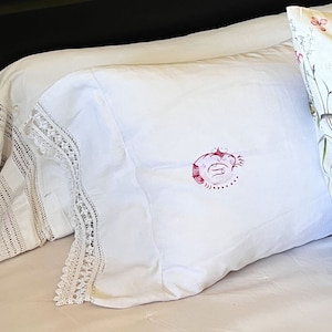 Antique French Pillow Cases, White linen pillow cases with CA monogram and handwork bobbin lace, French country Pillow shams.