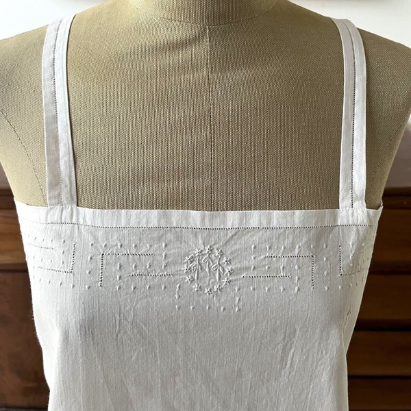 Antique French white cotton short chemise with straps, Vintage hand made cotton nightgown with monogram, Embroidered Summer Dress.