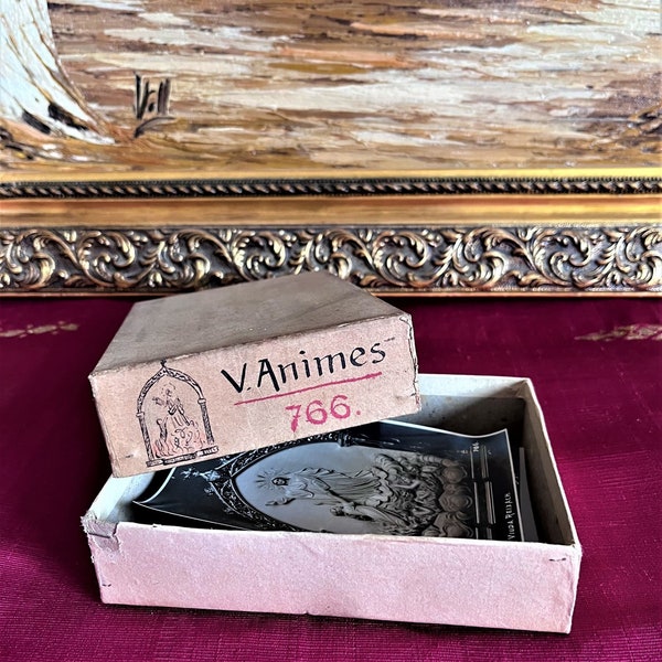 Rare find! 1900s, Vintage cardboard box and 6 antique photo cards with religious picture, Vintage gelatin silver bromide prints.