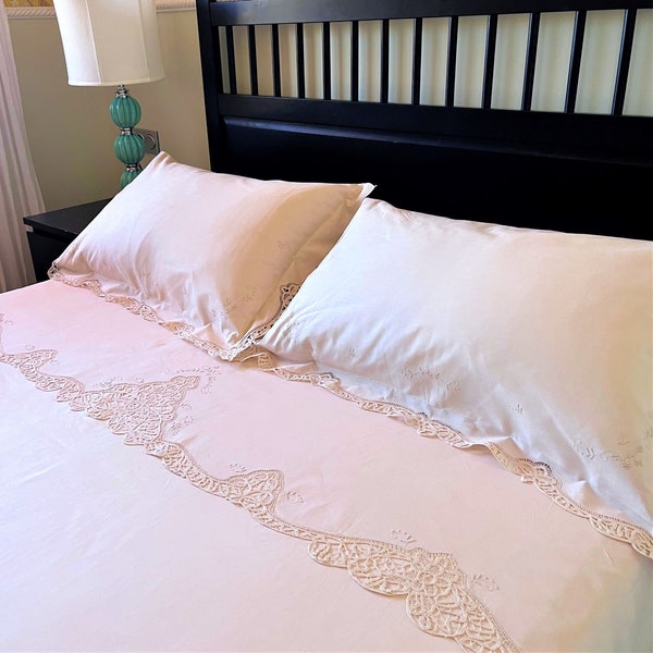 Antique cotton twin sheet set, Embroidered flat sheet and 2 pillowcases with bobbin lace, Bride trousseau set