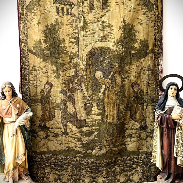 Large Antique hanging  french tapestry, 365 cm long, Vintage handmade wall tapestry, Tapestry wall art, 19th century decor.