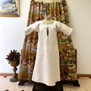 Unused. Antique French white linen long chemise with short sleeve for women, Vintage hand made linen nightgown, Night dress with monogram.