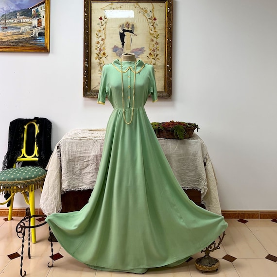 light green vintage dress 1920s Cotton Maxi Handmade Edwardian Style Dress XS/S pattern: Solids