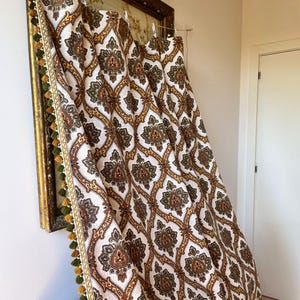 Pair of cotton antique French Curtains panels, 60s - 70s Window Curtains with trim, Vintage Curtains with damask print, Antique textile.