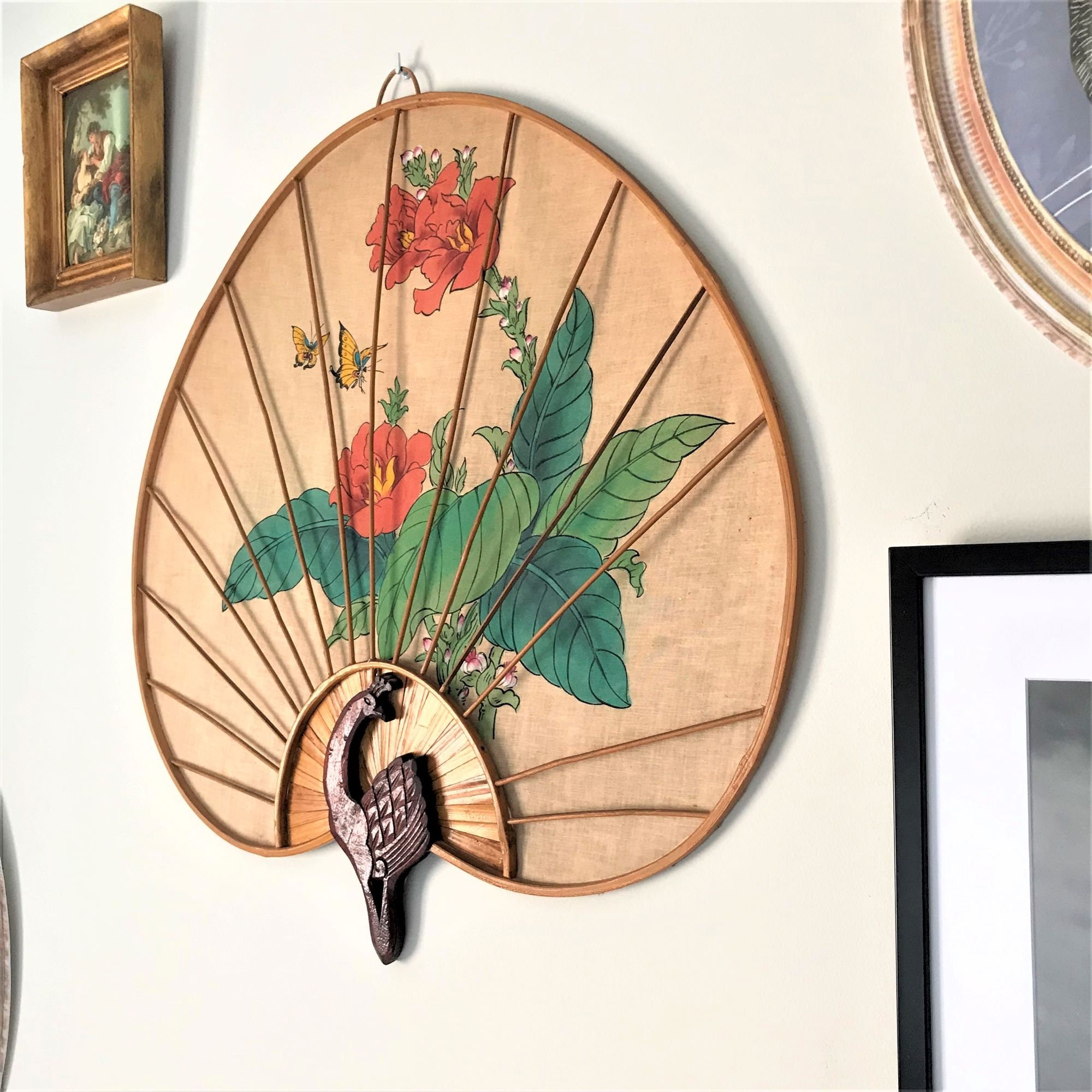 Large antique wall fan Hand painted bamboo and fabric fan Etsy