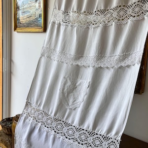 Antique linen curtain with lace, 188 cm long, Vintage white linen curtain panel with monogram, Antique fabric, Antique french decor.