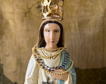 Large Antique Virgin Mary statue, 80 cm, Wooden Virgin Mary with brass crown, Catholic art, Catholic sculpture for home altar.