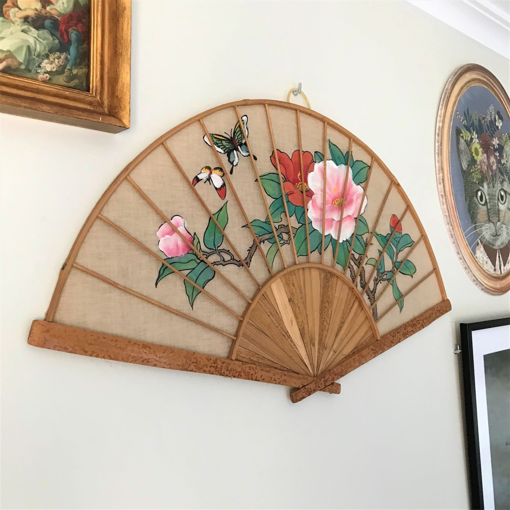 Large antique wall fan Hand painted bamboo and fabric fan Etsy