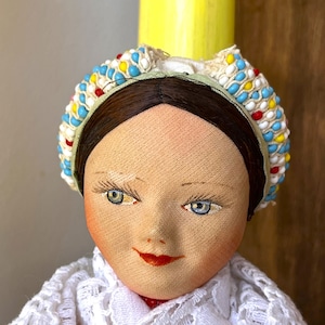 Vintage French textile doll with folk costume, 1930s,  Poupee de Salon, Antique Boudoir doll, Art deco doll.