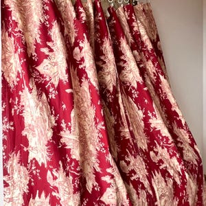 Pair of cotton  red fabric with toile de jouy print from the 50s, Large Vintage Curtains panels, Mid Century curtains, Antique textile.