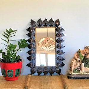 Mid century metal Sunburst mirror, Antique wall rectangular mirror, Bohemian hallway mirror.