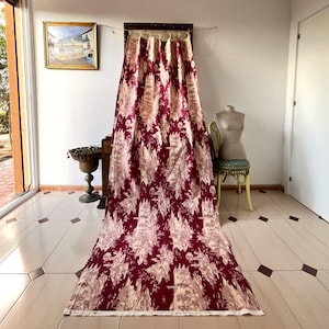 French cotton  red fabric with toile de jouy print from the 50s, Large Vintage Curtain panel, Mid Century curtain, Antique textile.