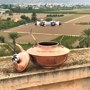 Vintage copper teapot with porcelain ornaments, Copper kettle, Copper kitchen decor.