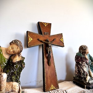 Antique large wood crucifix with Jesus Christ figure, Catholic bedroom decoration.