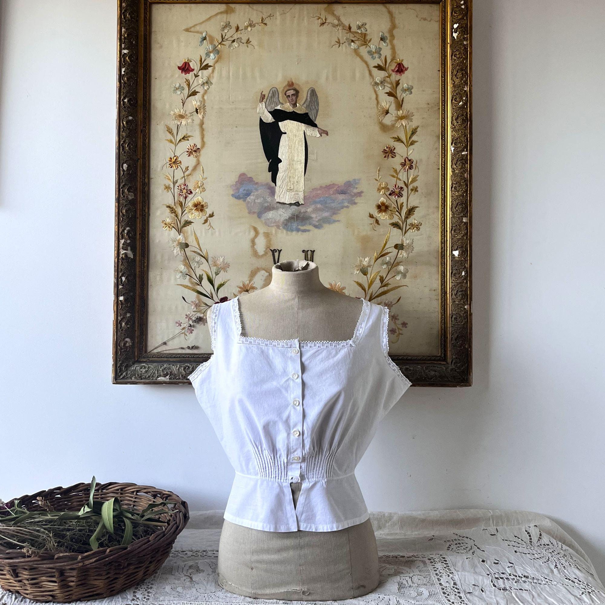 Antique white cotton cropped sleeveless blouse, Edwardian lace blouse, Victorian top for women, Historical costume.