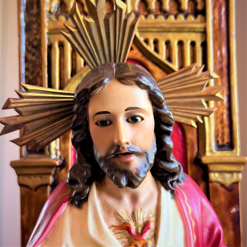 Large Antique Jesus Christ Statue Sacred Heart of Jesus Etsy