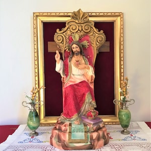 Large antique Jesus Christ statue,   Sacred Heart of Jesus chalkware sculpture, Catholic sculpture for home altar, Christian gift.