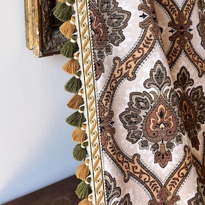 Antique French Curtain panel, 60s - 70s Window Curtain with trim, Vintage Curtain with damask print, Antique textile.