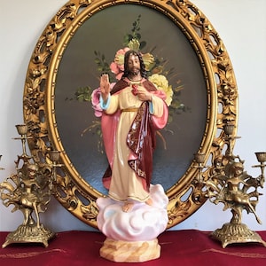Antique Jesus Christ statue, Sacred Heart of Jesus chalkware sculpture, Catholic sculpture for home altar.