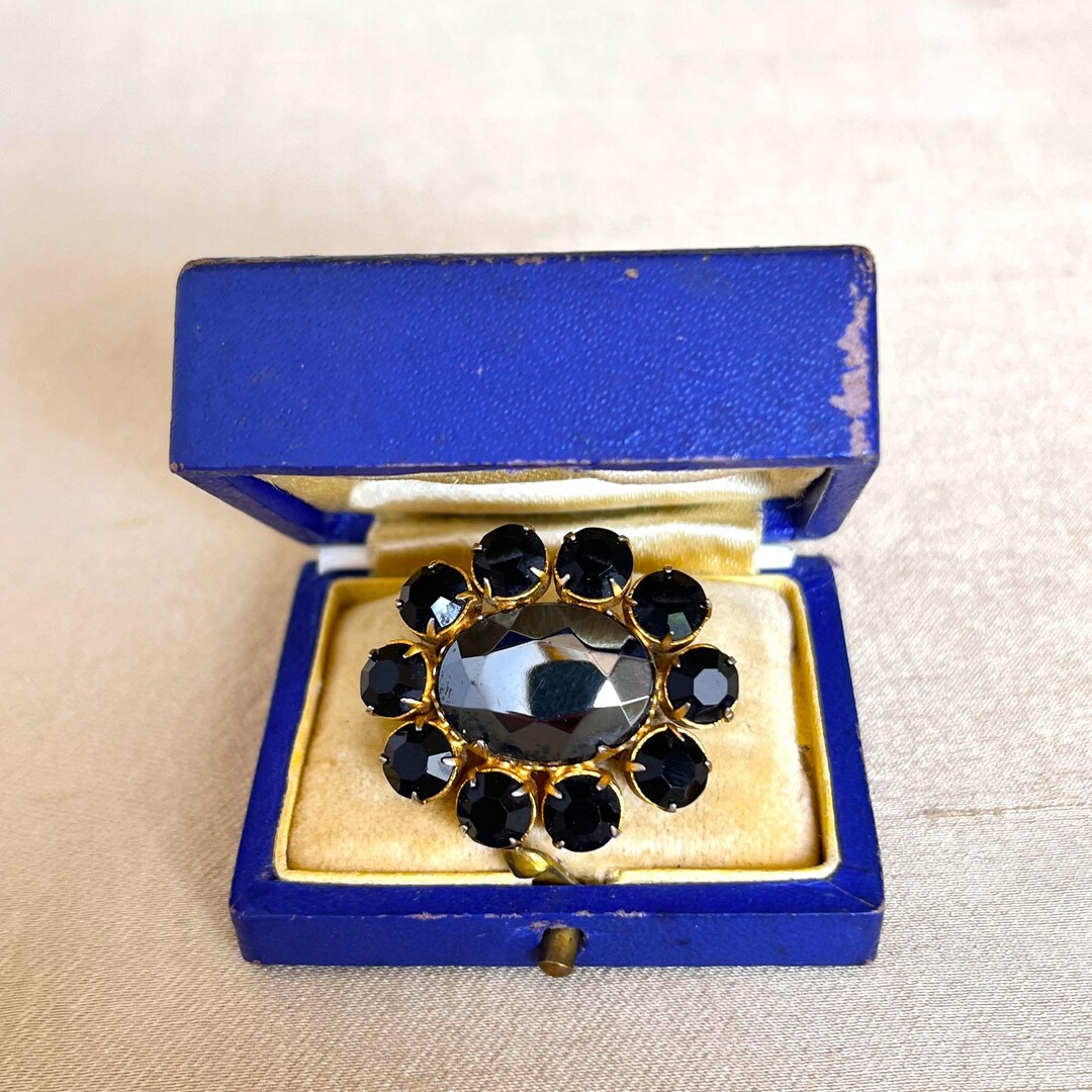 Vintage Black and Gold Jet Glass Brooch, Czech Rhinestone Small Brooch ...