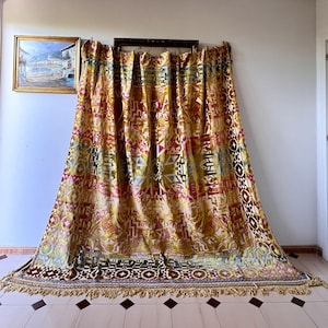 Rare. Large antique Italian velvet Bedspread with chenille trim, Multicoloured bedspread with Arabic print, Vintage tapestry fabric.