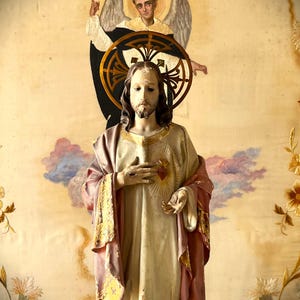 Rare. Large antique Jesus Christ statue, Sacred Heart of Jesus wooden sculpture, 60 cm, Catholic sculpture for home altar.