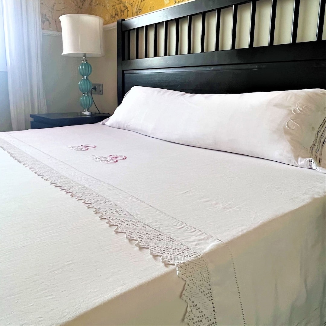 Antique White Linen Twin Sheet Hand Embroidered Flat Sheet Etsy
