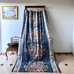 Vintage French cotton Curtain panel, Dark blue window floral curtain, Vintage blackout curtain, Antique textile.