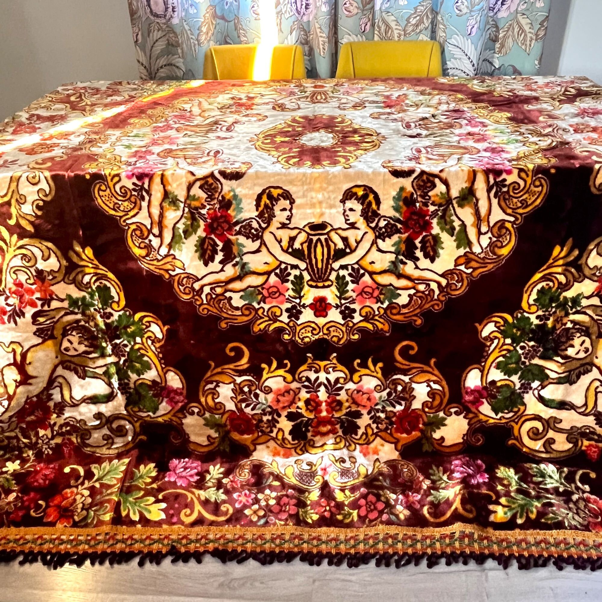 Large Antique Italian Velvet Coverlet With Chenille Trim, Burgundy ...