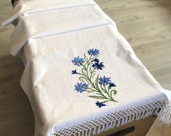 Antique bride trousseau linen towel, Large Embroidered fringed towel, Vintage table runner, Bathroom towel, Bathroom towel.