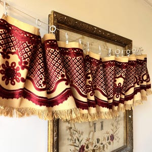 Large Antique beige and red cotton window valance, 1960s, Vintage plush curtain with fringe, Cotton window valance, Antique textile.
