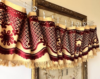 Large Antique beige and red cotton window valance, 1960s, Vintage plush curtain with fringe