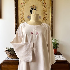 Antique French white linen long chemise with long sleeves for women, Vintage hand made linen nightgown, Night dress with monogram.