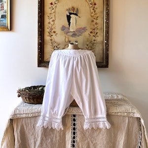 Antique white cotton spllit leg Bloomers with crochet lace, Edwardian Ladies Underwear, Vintage Trousers, Historical costume.