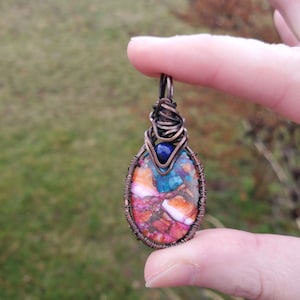 Multicolor Stone & Lapis Lazuli Pendant - Copper Wire Wrapped Elven Pendant Handmade Jewelry Necklace