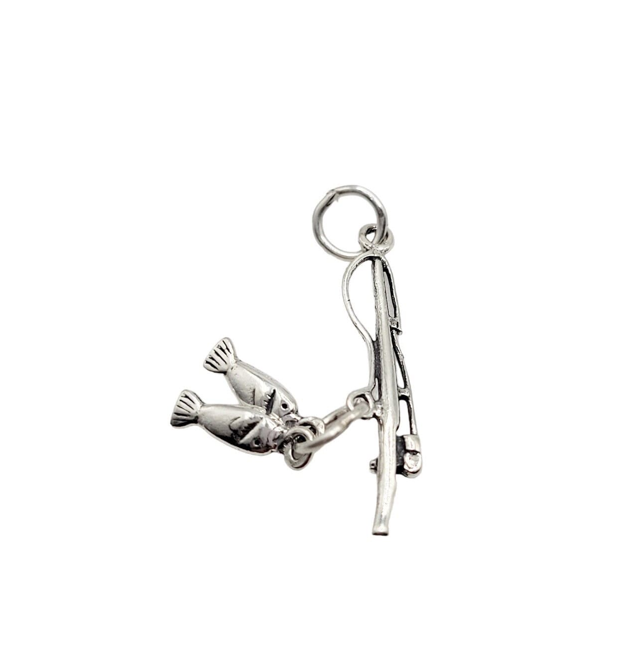 Sterling Silver Fishing Pole With 2 Fish Charm 