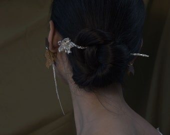Handmade 990 Pure Silver Iris & Hibiscus Hair Stick - 6.5"