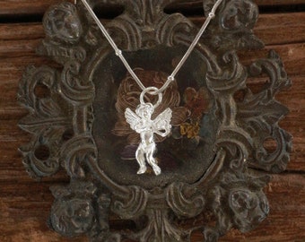 990 Sterling Silver Cupid Angel Pendant Necklace, Gift For Her