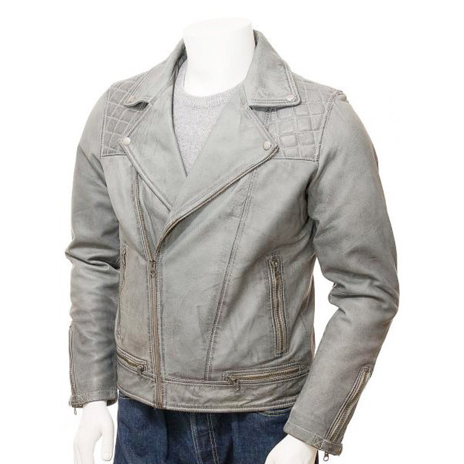 Mens Grey Rugged Leather Biker Jacket Etsy