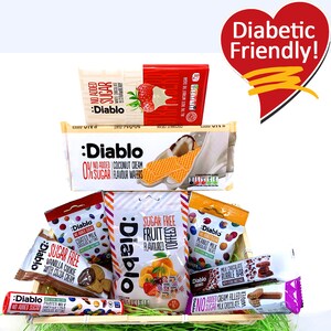 May include: A wooden basket filled with various sugar-free snacks, including chocolate wafers, fruit-flavored candies, and chocolate-covered treats. The basket is labeled "Diabetic Friendly!" in a red heart shape.