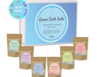 Epsom Salt Gift Set Box Hamper Bath Body Spa Scented Pure Epsom Salts 6 Variety Fragrance Bath Salts Soak Collection Detox Aromatherapy