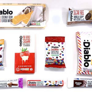 May include: An assortment of sugar-free Diablo chocolate and candy products, including wafers, chocolate bars, coated milk chocolate buttons, peanut milk chocolate treats, fruit flavored toffee, and a vanilla cookie with cocoa chips.