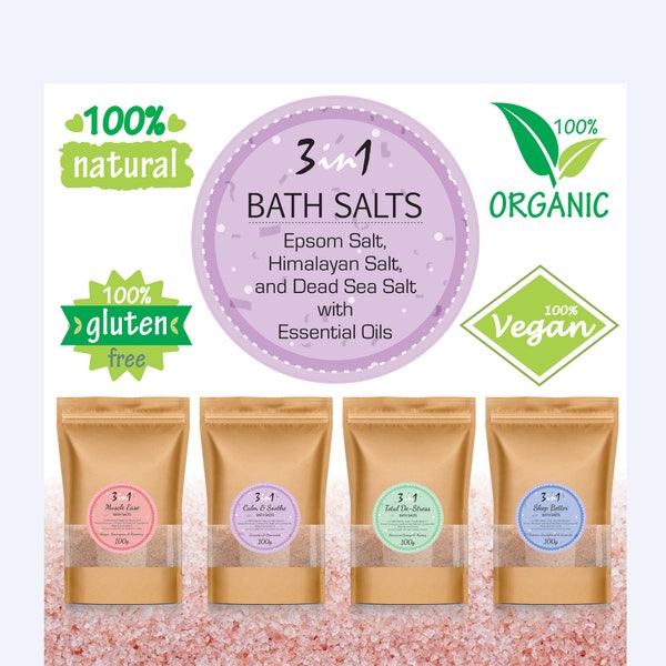 3in1 Sceneted Bath Salts Salt Soak Epsom Salts Himalayan Pink Dead Sea Salt 100g  with Essential Oils / Fragrances