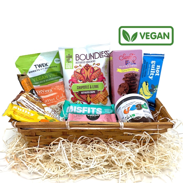 Vegan Gift Hamper Box Sweet Treat Healthy Snack Savory Snacks Chocolate Basket Collection Birthday New Year Christmas Fathers Mothers Day