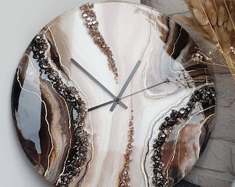 Brown Large Modern Round Geode wall Clock from epoxy resin with quiet clock movements , Abstract stone pattern clock , Housewarming gift