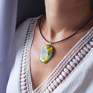 Women&#39;s Necklace with Resin Pressed Real yellow Flowers | Handcrafted floral jewelery | Stainless Steel Chain | Black Leather Cord