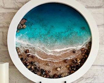 12" Ocean Resin Wall Clock | Ocean with natural sand and stones | Epoxy Resin Sea Art Wall Decor | Gift for him for dad Best Christmas gift