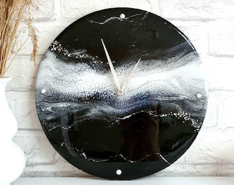 12" Round Modern Black with white wall Clock from epoxy resin , Geode clock , Abstract wall resin marble clock with quiet clock movements