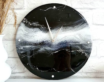 12&quot; Round Modern Black with white wall Clock from epoxy resin , Geode clock , Abstract wall resin marble clock with quiet clock movements