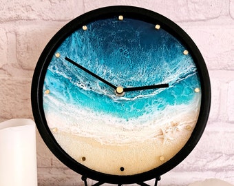 8" framed Round wall Clock from epoxy resin with sea waves , with round gold divisions , Modern wall resin clock , Gift for her or him